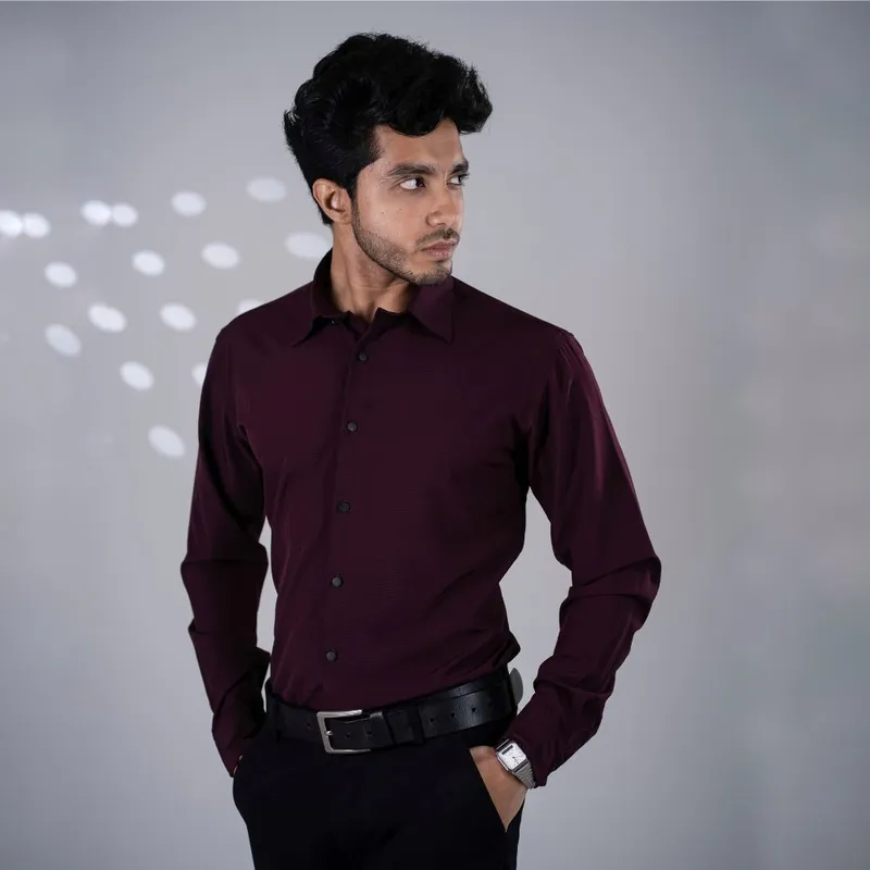 Burgundy Textured Shirt for Men – Premium Full Sleeve Shirt